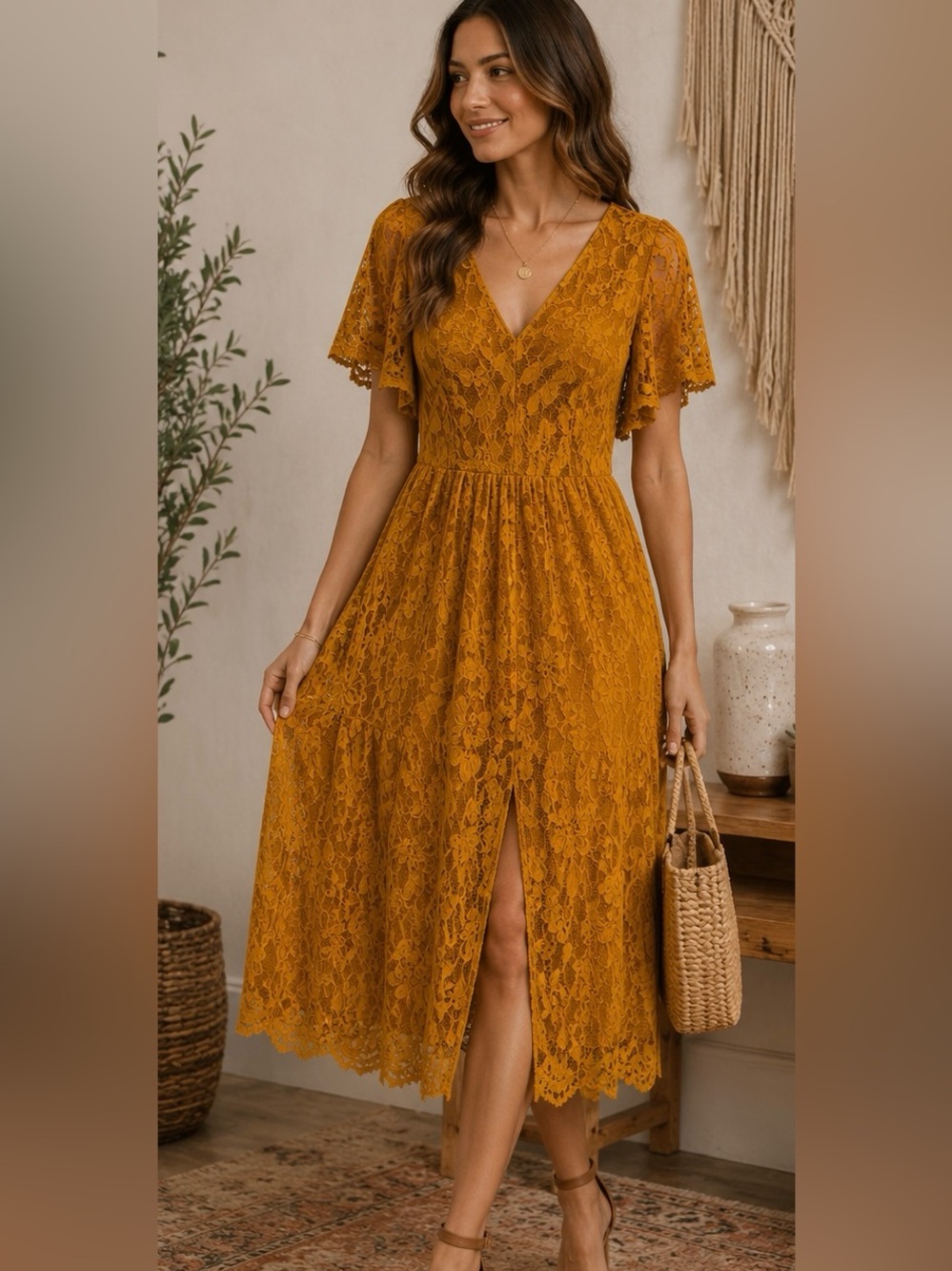Altar'd State Small Mustard Yellow Floral Lace Midi Maxi Dress Boho Cottagecore